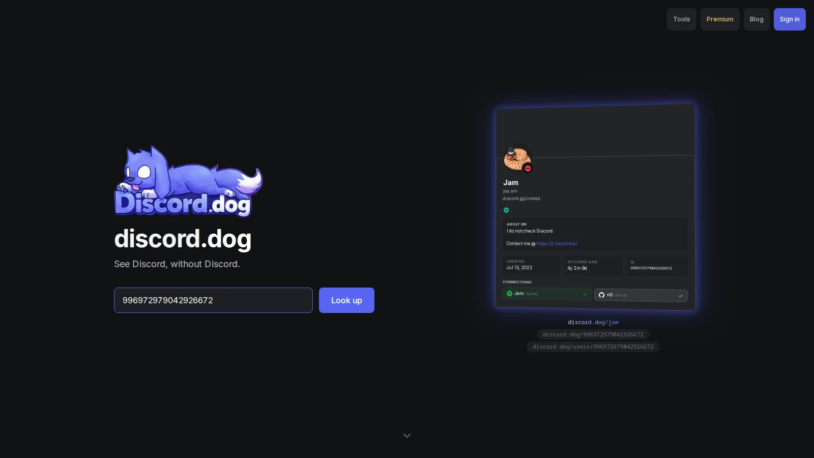 Discord.dog landing hero with Jam’s profile loaded through the lookup