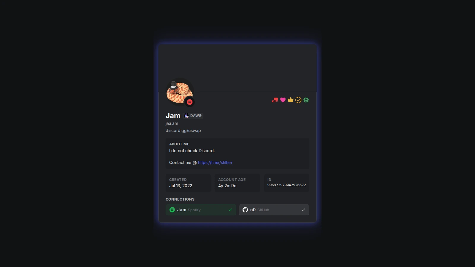 Jam’s public Discord profile on a custom discord.dog subdomain