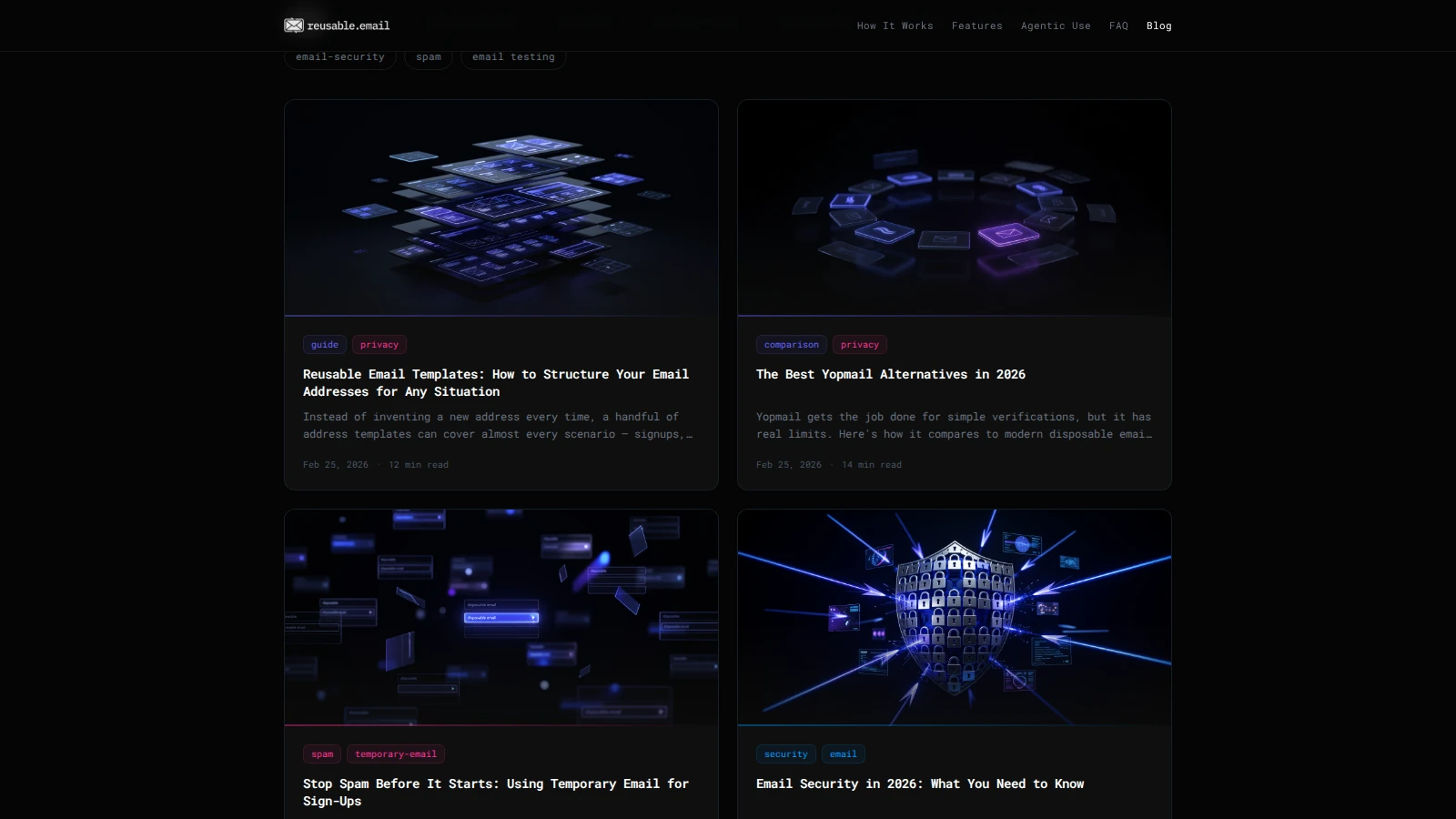 Reusable.email blog articles about email privacy, security, and temporary inboxes