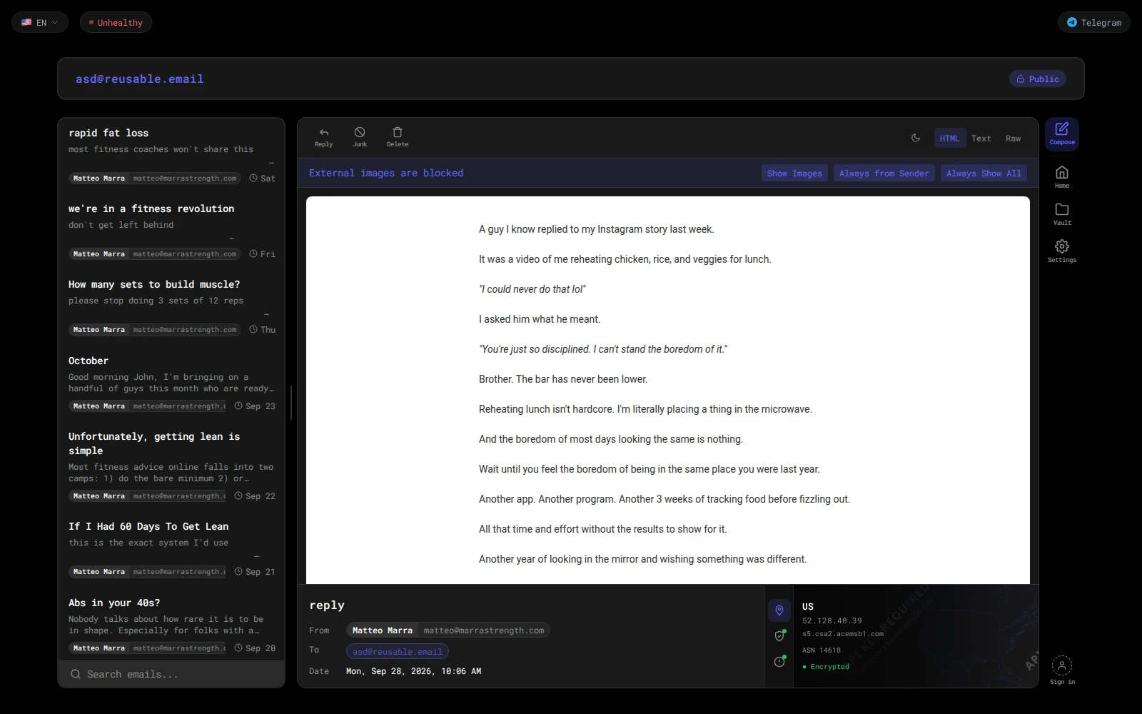 An opened newsletter in the Reusable.email reader with sender details and email controls