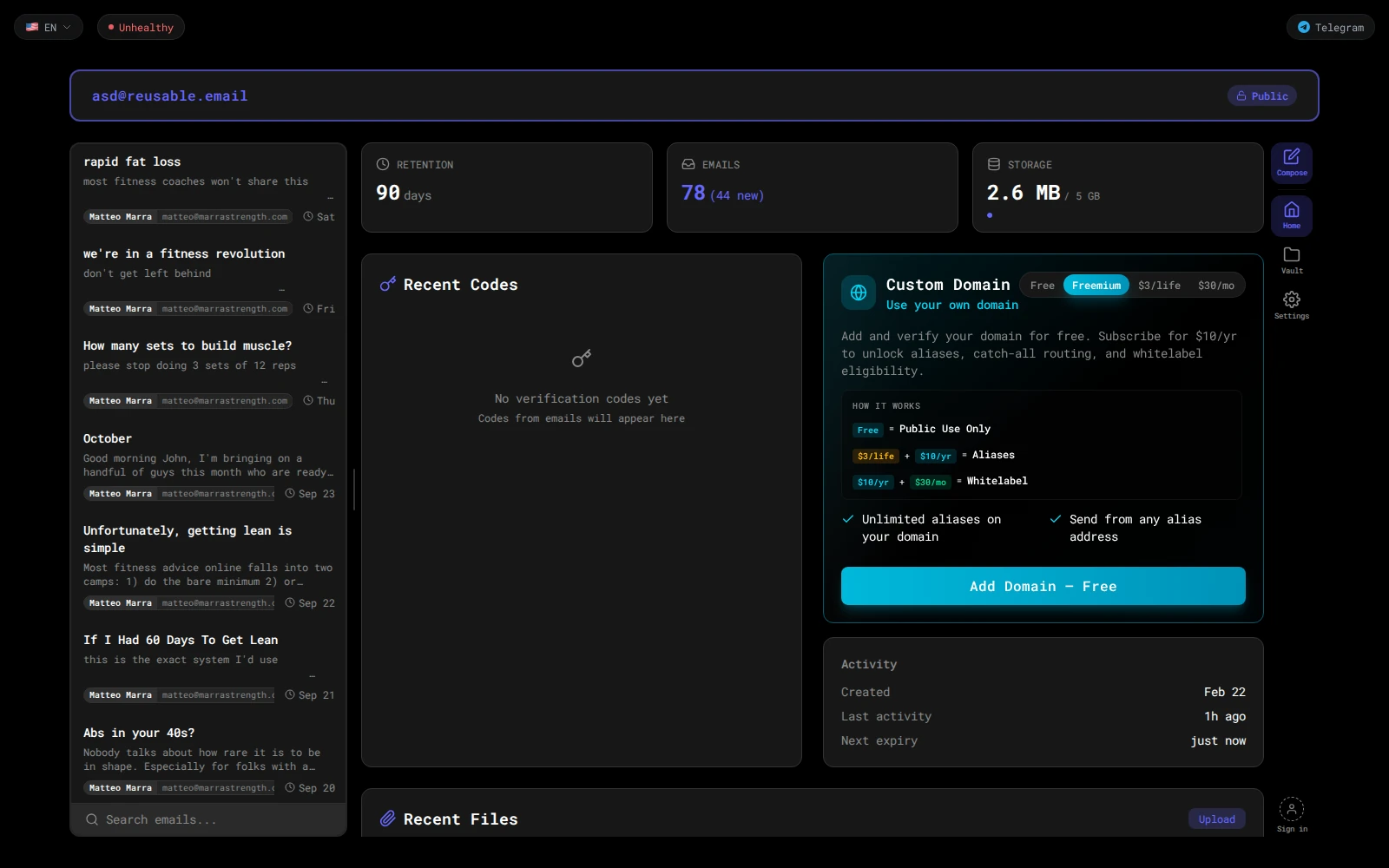 Reusable.email public inbox dashboard with received newsletters, storage, and custom domain options