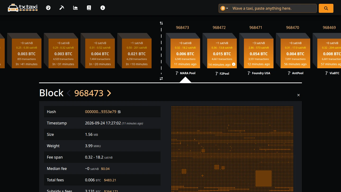 Bitcoin explorer with recent blocks, block details, and transaction treemap