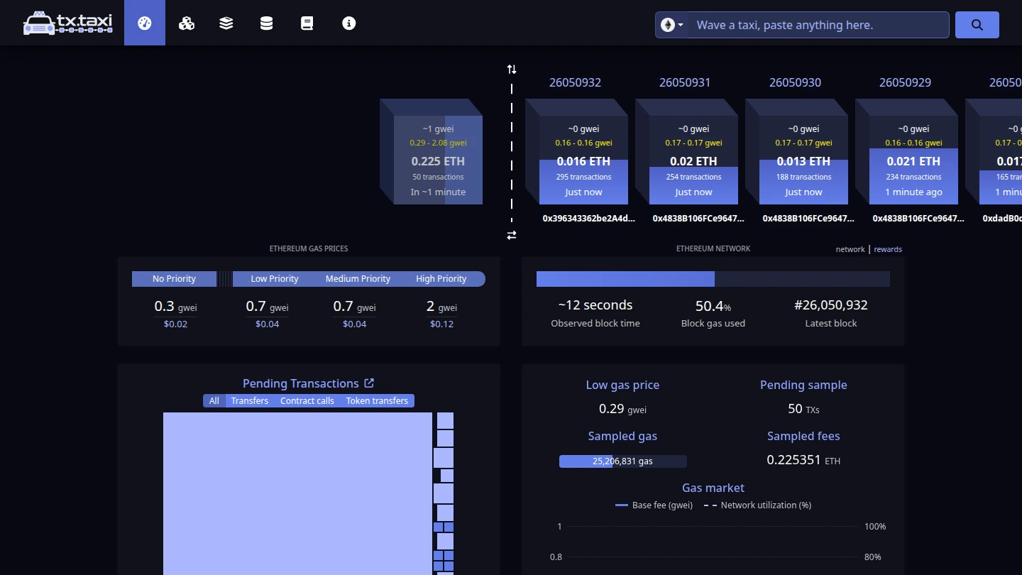 Ethereum explorer showing recent blocks, gas prices, and pending transactions