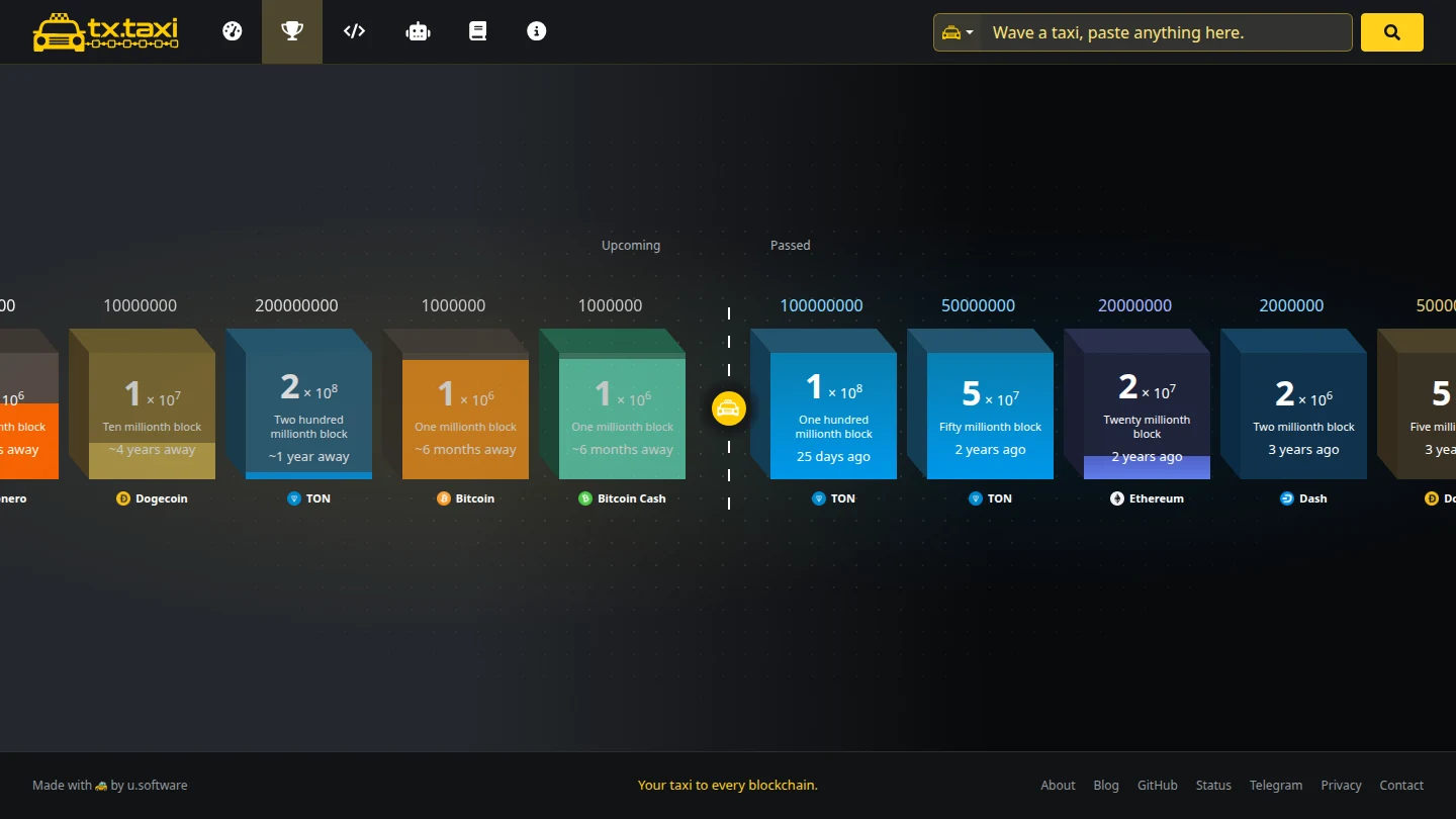 tx.taxi block-height milestones showing upcoming and passed blockchain milestones