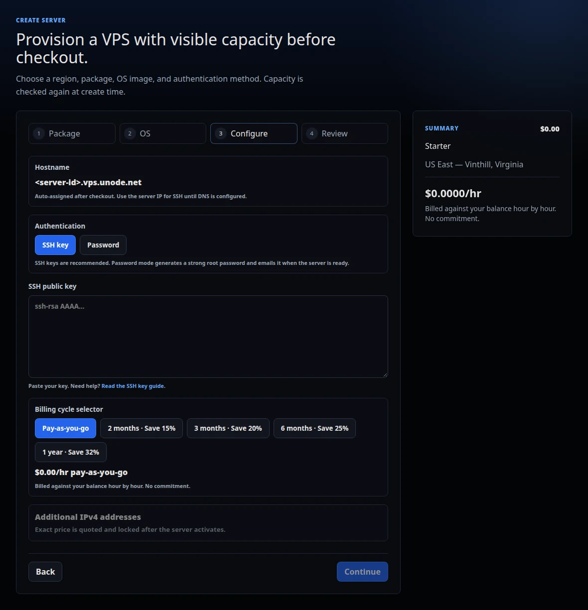 uNode server configuration for SSH authentication and billing cycle