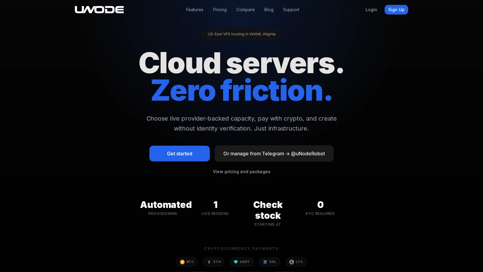 uNode landing page hero introducing anonymous cloud VPS hosting