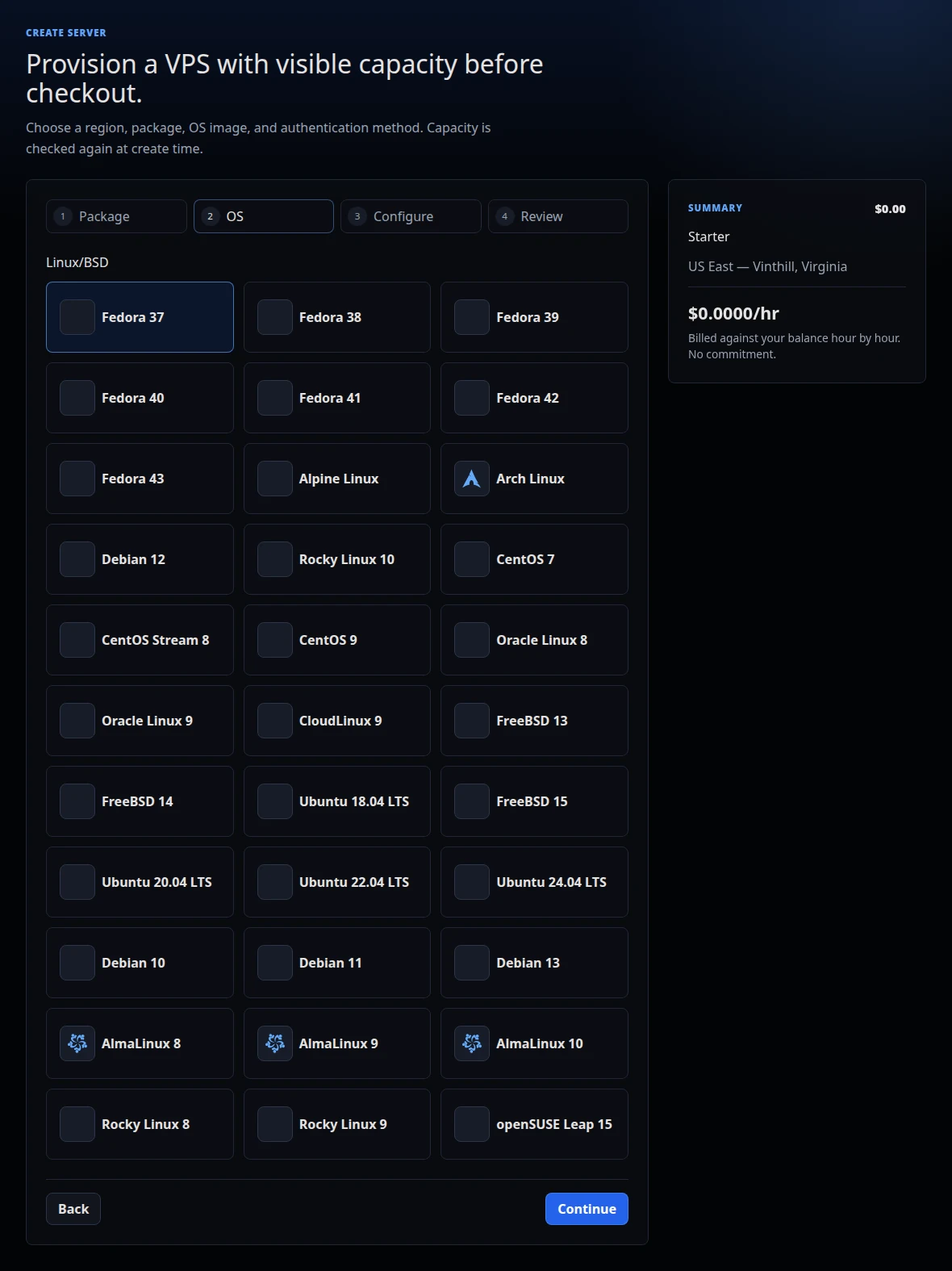 uNode server creation flow showing available operating system images