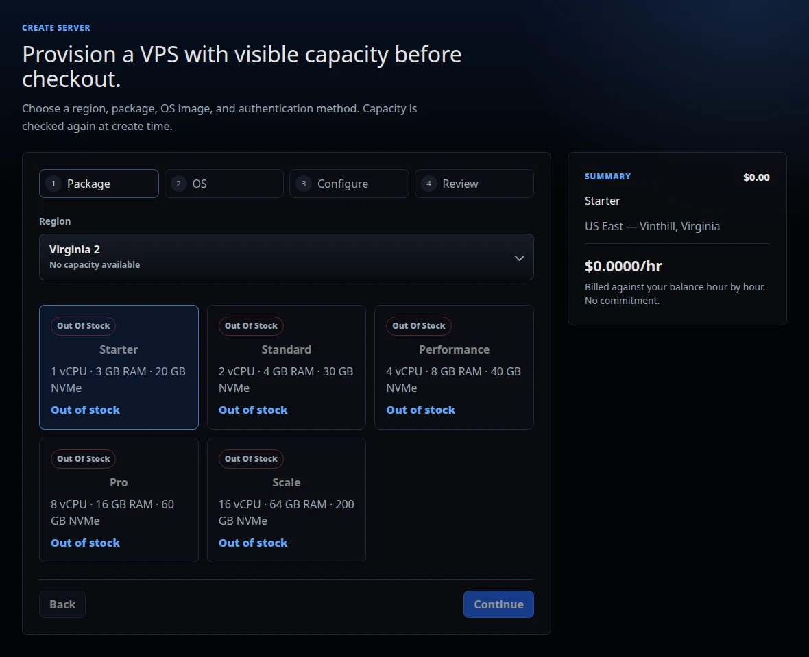 uNode server creation flow showing region and VPS package selection