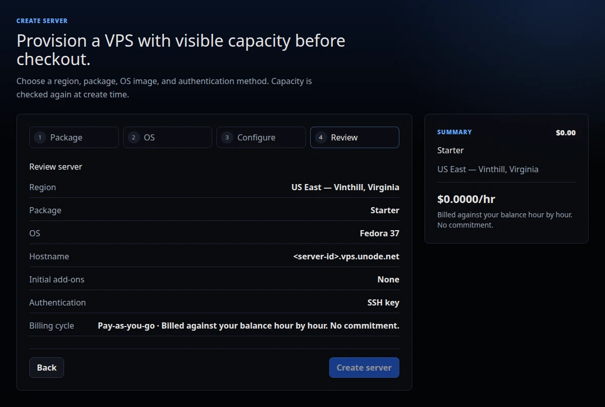 uNode server setup review before server creation